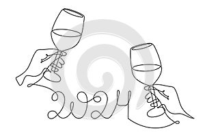 Hands hold wine clinking glasses celebrating 2024 new year,one line art,continuous drawing contour.Cheers toast,festive hand drawn photo