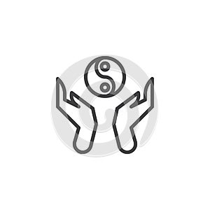 Hands hold ying yang line icon