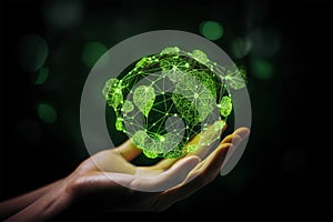 Hands holding abstract green planet earth globe with leaves. Generative AI