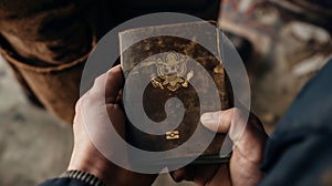 Hands holding an aged leather-bound book with a golden eagle emblem, conveying a sense of history and reverence