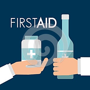 Hands holding alcohol bottle and medicine care first aid