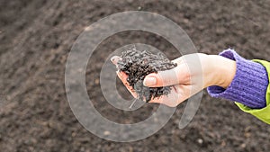 Hands holding arable compost soil in farm