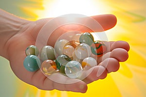 hands holding assorted marbles against a bright backdrop