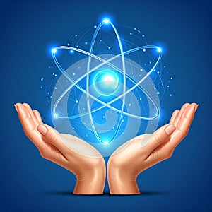 Hands Holding Atom Symbol
