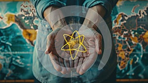 Hands Holding Atom Symbol