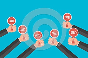 Hands holding auction paddle. Flat vector illustration.