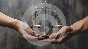 Hands holding balanced scales representing justice.