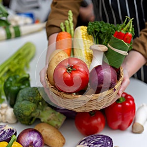 Hands holding basket of several fresh farm vegetables while standing at table with other fresh vegetables