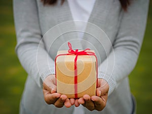 Hands holding beautiful gift box, female giving gift