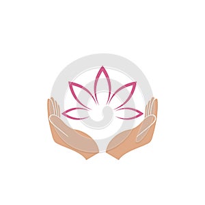 Hands holding a beautiful pink lotus flower for logo design isolated on white background