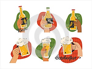 Hands holding beer with white foam in mug, glass and bottle. Cheers or drinking toast to friendship. Vector set for