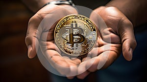 Hands holding Bitcoin BTC coin, finance, crypto currency, modern gold