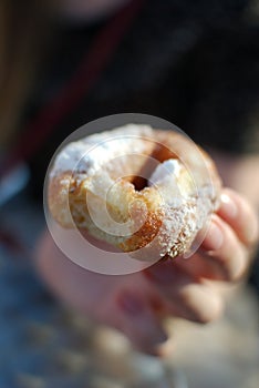 Hands holding bited donut dusted with powdered sugar close up.