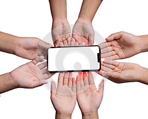 Hands holding the black smartphone with blank screen