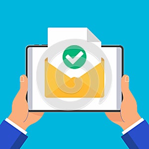 Hands hold tablet pad devise with open envelope document paper sheet page check mark tick, no text icon vector illustration