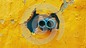 Hands Holding Blue Binoculars. AI generated