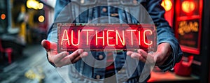 Hands holding a bold AUTHENTIC sign against a bokeh light background, promoting the value of authenticity and originality in