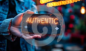 Hands holding a bold AUTHENTIC sign against a bokeh light background, promoting the value of authenticity and originality in