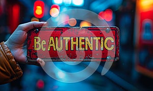 Hands holding a bold Be AUTHENTIC sign against a bokeh light background, promoting the value of authenticity and originality