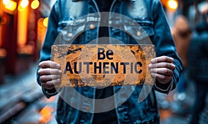 Hands holding a bold Be AUTHENTIC sign against a bokeh light background, promoting the value of authenticity and originality