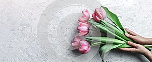 Hands holding bouquet of pink tulips flowers on white stone background. Card for Mothers day, 8 March, Happy Easter