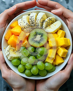 Hands holding bowl of fresh fruit pieces - grapes, kiwi, banana, mango, top view