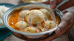 Hands holding a bowl of sambar with idli in it - a traditional South Indian meal for breakfast