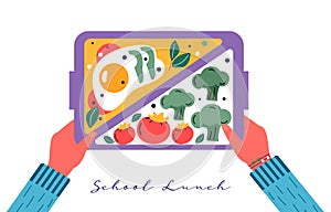 Hands holding breakfast or lunch meals. Food, drinks for Children school lunch boxes with egg, meal, tomato, sandwich, juice,