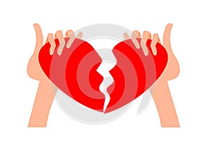 Hands holding a broken heart. Vector illustration with a broken heart in your hands