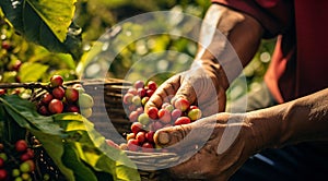 hands holding a bunch of coffee beans, harvest for coffee beans, close-up of hands picking up of coffee beans