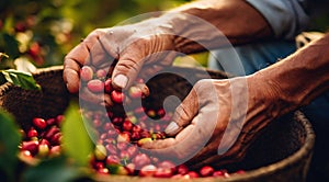 hands holding a bunch of coffee beans, harvest for coffee beans, close-up of hands picking up of coffee beans