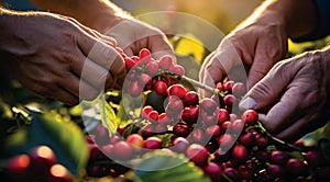 hands holding a bunch of coffee beans, harvest for coffee beans, close-up of hands picking up of coffee beans