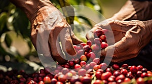 hands holding a bunch of coffee beans, harvest for coffee beans, close-up of hands picking up of coffee beans