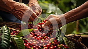 hands holding a bunch of coffee beans, harvest for coffee beans, close-up of hands picking up of coffee beans