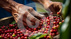 hands holding a bunch of coffee beans, harvest for coffee beans, close-up of hands picking up of coffee beans