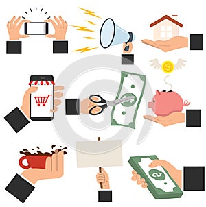 Hands holding business objects set