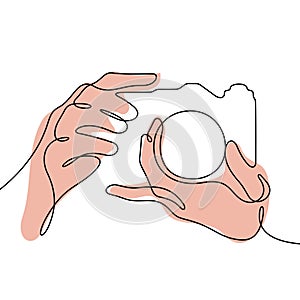 Hands holding camera one line vector illustration