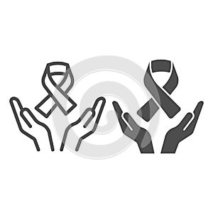 Hands holding cancer tape line and solid icon, World cancer day concept, World Aids Day sign on white background, cancer