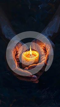 Hands holding a candle in the dark