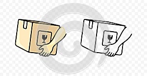 Hands holding cardboard box with fragile goods sign or symbol, graphic design