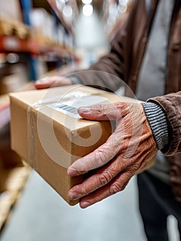 Hands holding a cardboard box in a warehouse setting.
