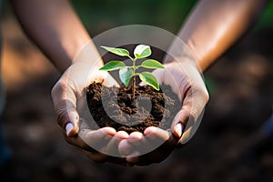 Hands holding and caring young plant with soil. Earth day concept.