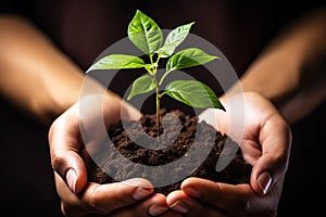 Hands holding and caring young plant with soil. Earth day concept.