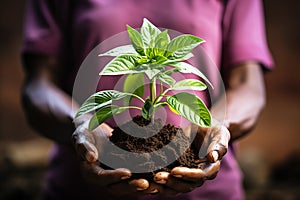 Hands holding and caring young plant with soil. Earth day concept.