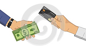 Hands holding cash and credit card. Consept of money exchange, withdrawing, transaction and other finance and bank operations.