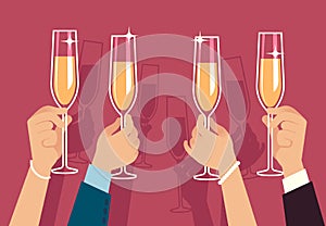 Hands holding champagne glasses. People celebrate corporate christmas party with alcohol drinks anniversary event flat