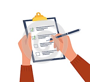 Hands holding clipboard with checklist with green check marks and pen. Human filling control list on notepad. Concept of Survey,