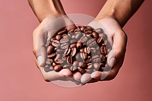 Hands holding coffee beans on pastel background, Organic fruits, Healthy food