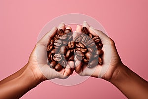 Hands holding coffee beans on pastel background, Organic fruits, Healthy food