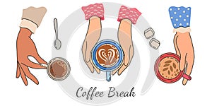 Hands holding coffee cups. Top view of female hand holds mug with hot morning drink, latte and espresso. Women friends